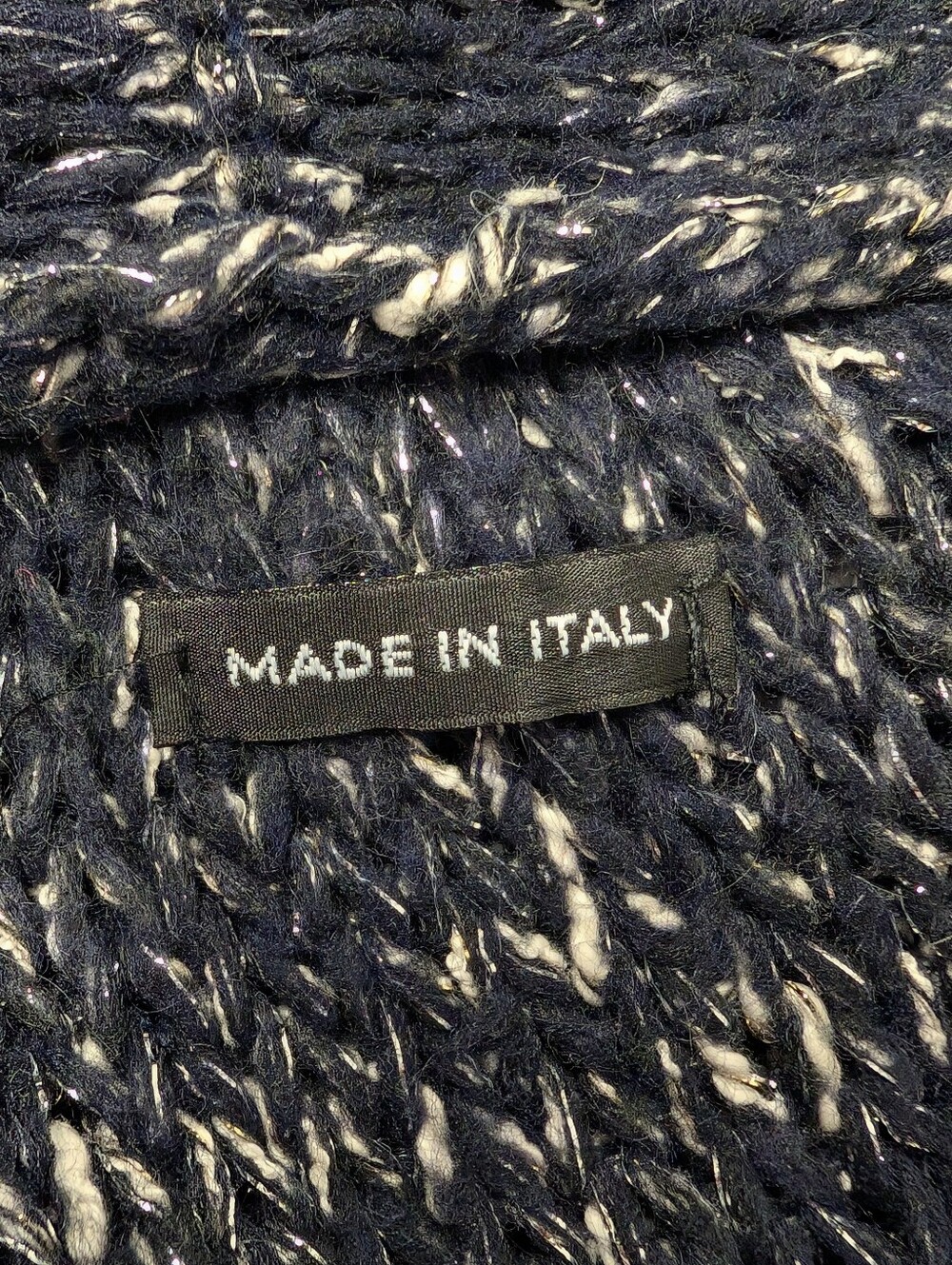 Italian Made Navy Silver Wool Blend Long Open Front Knit Cardigan Duster Sz 1 - Picture 6 of 7